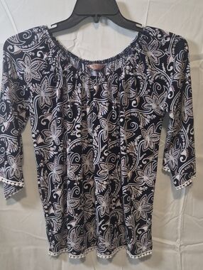 SJS Navy Floral Paisley Peasant Tunic with White and Pink Accents